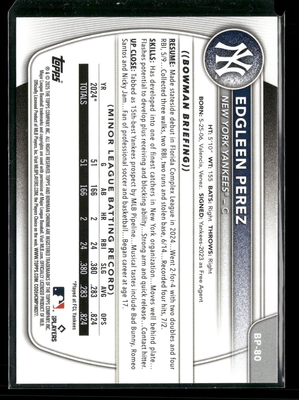 2025 Bowman Edgleen Perez #BP-80 1st Bowman
