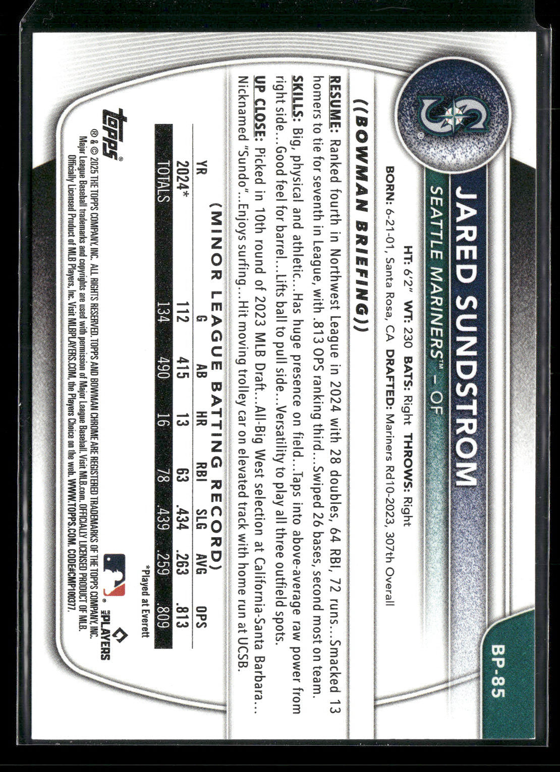 2025 Bowman Jared Sundstrom #BP-85 1st Bowman