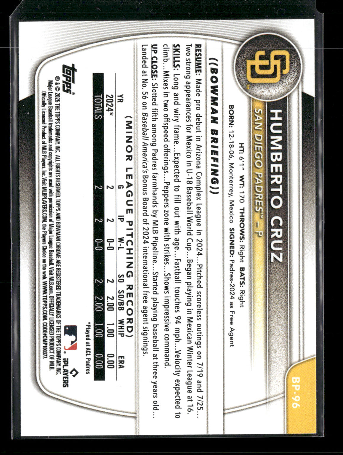 2025 Bowman Humberto Cruz #BP-96 1st Bowman