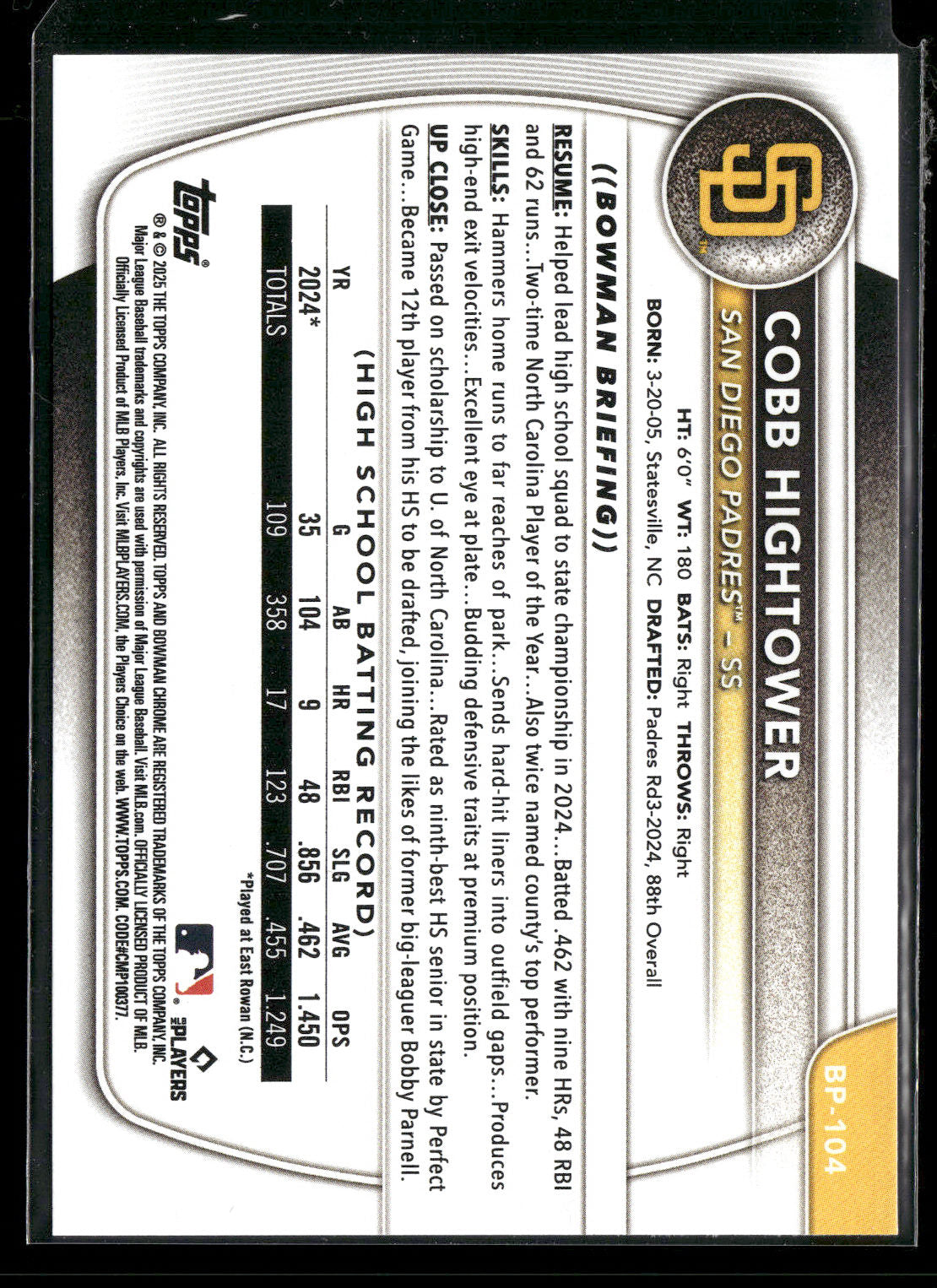 2025 Bowman Cobb Hightower #BP-104 1st Bowman