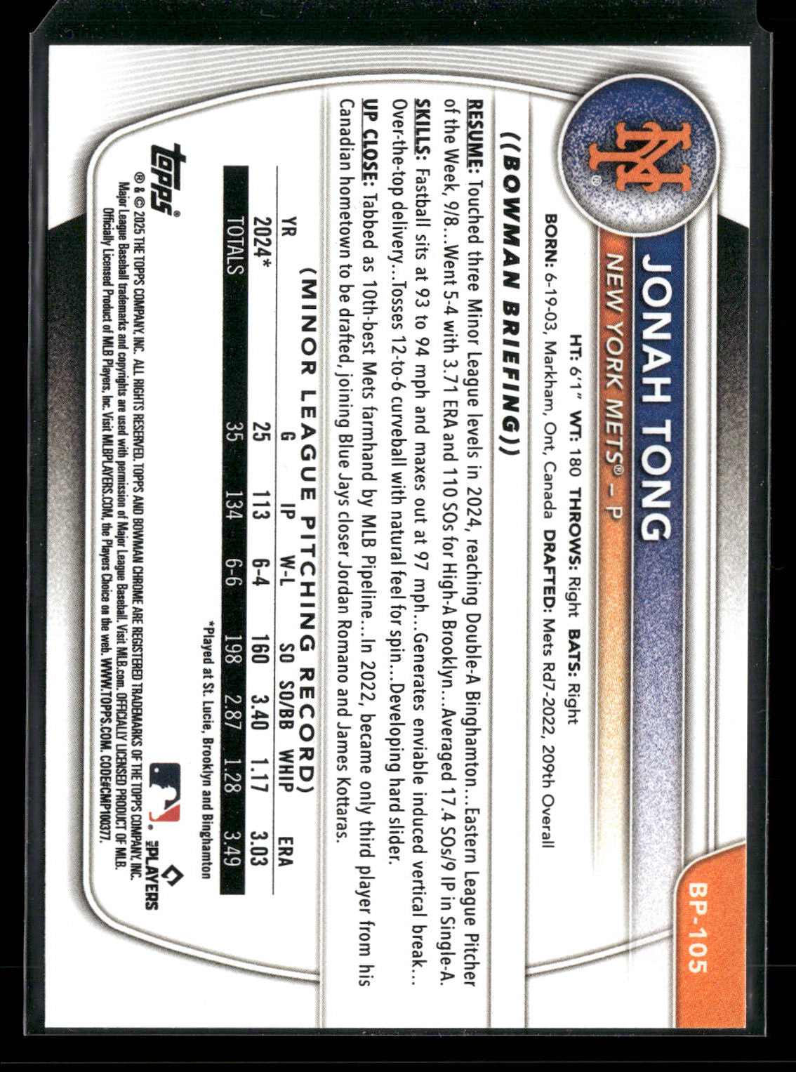 2025 Bowman Jonah Tong #BP-105 1st Bowman