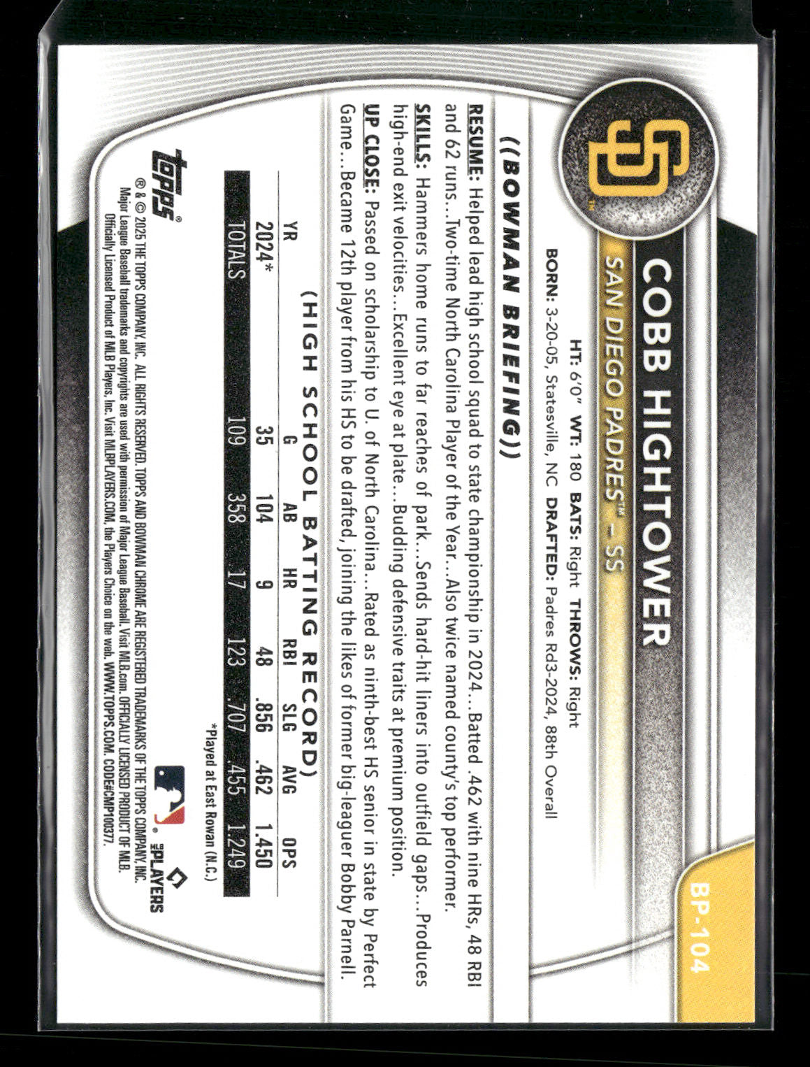 2025 Bowman Cobb Hightower #BP-104 1st Bowman
