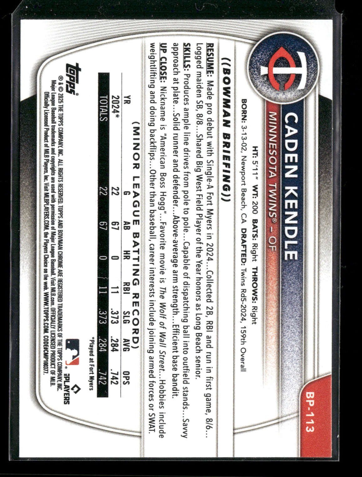 2025 Bowman Caden Kendle #BP-113 1st Bowman