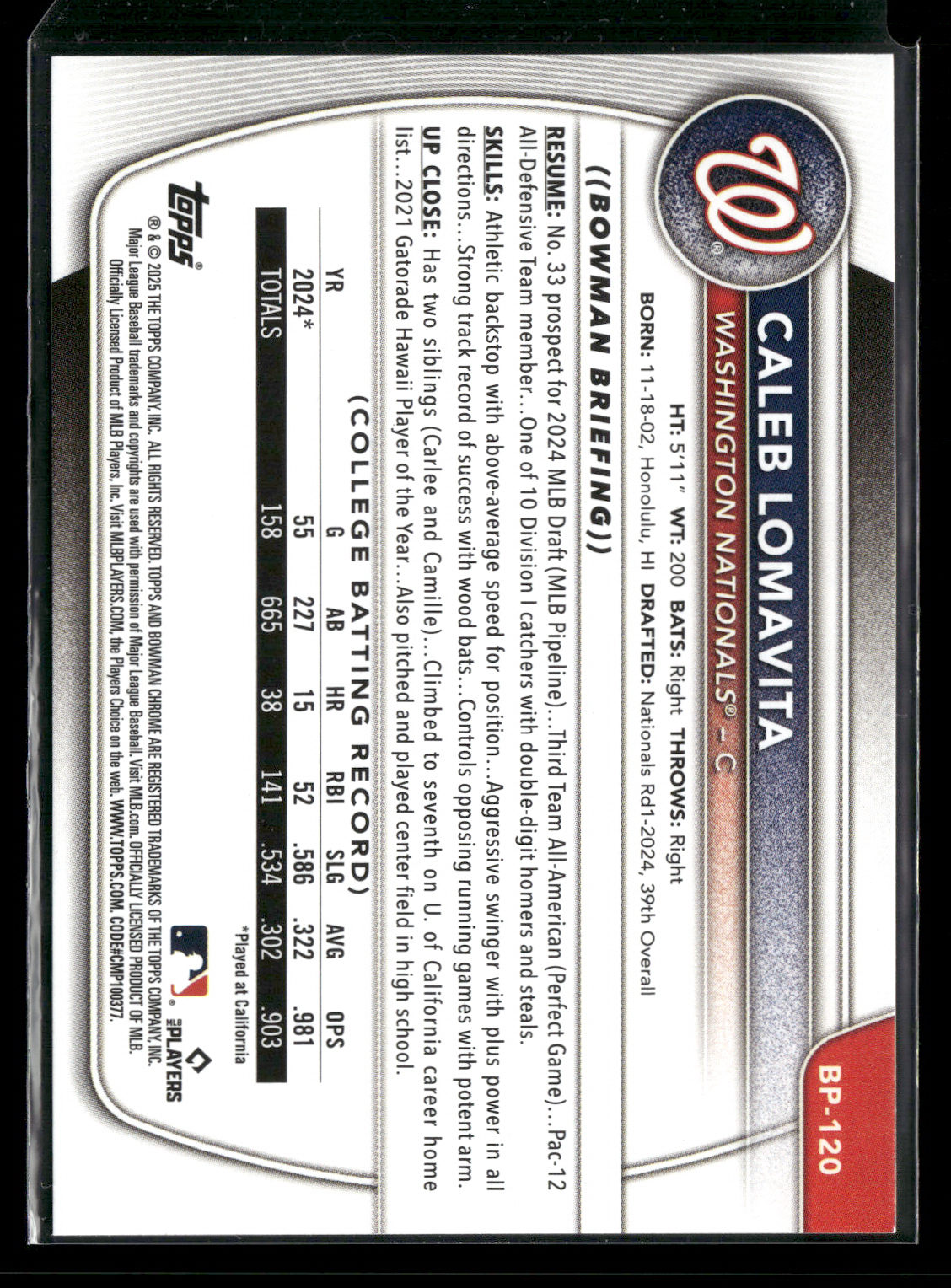 2025 Bowman Caleb Lomavita #BP-120 1st Bowman