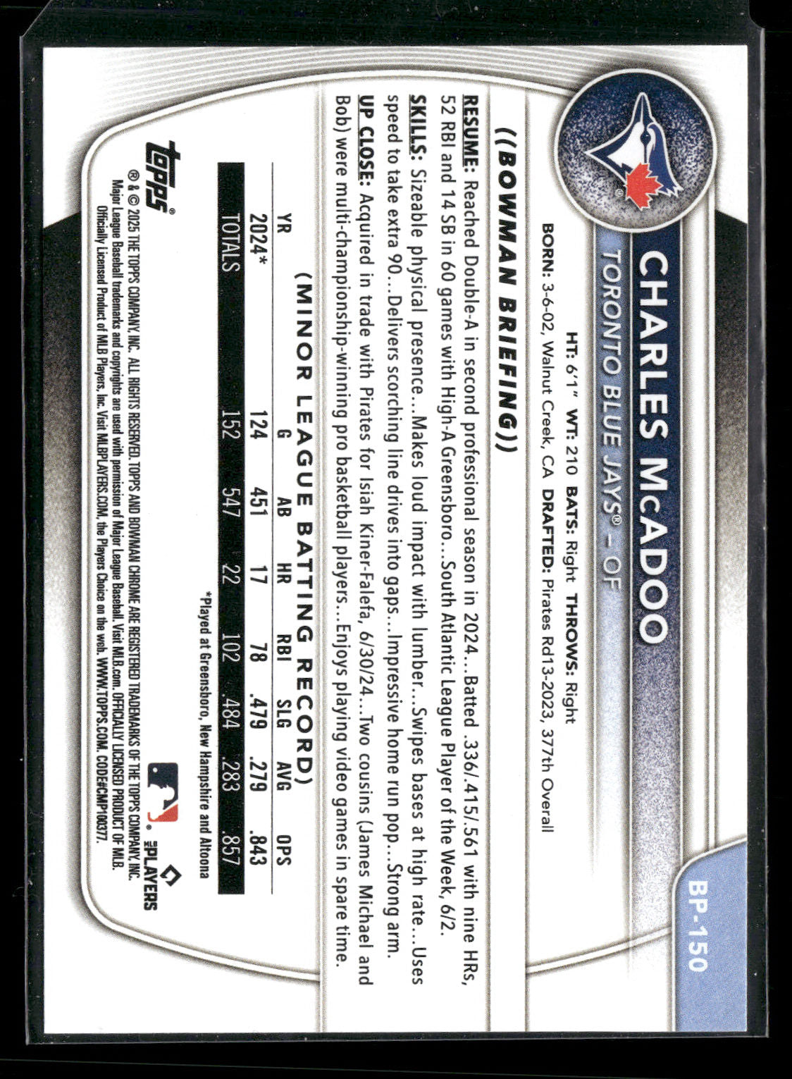 2025 Bowman Charles McAdoo #BP-150 1st Bowman