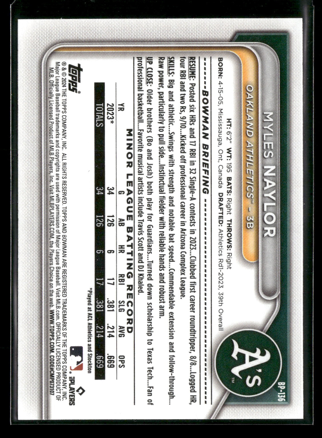 2024 Bowman Myles Naylor #BP-136 1st Bowman