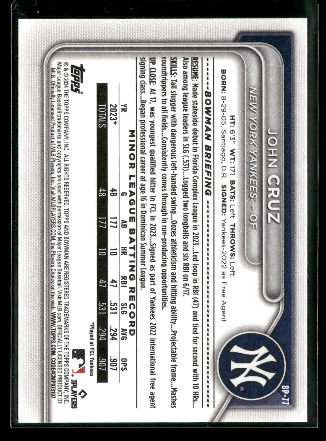 2024 Bowman John Cruz #BP-77 1st Bowman
