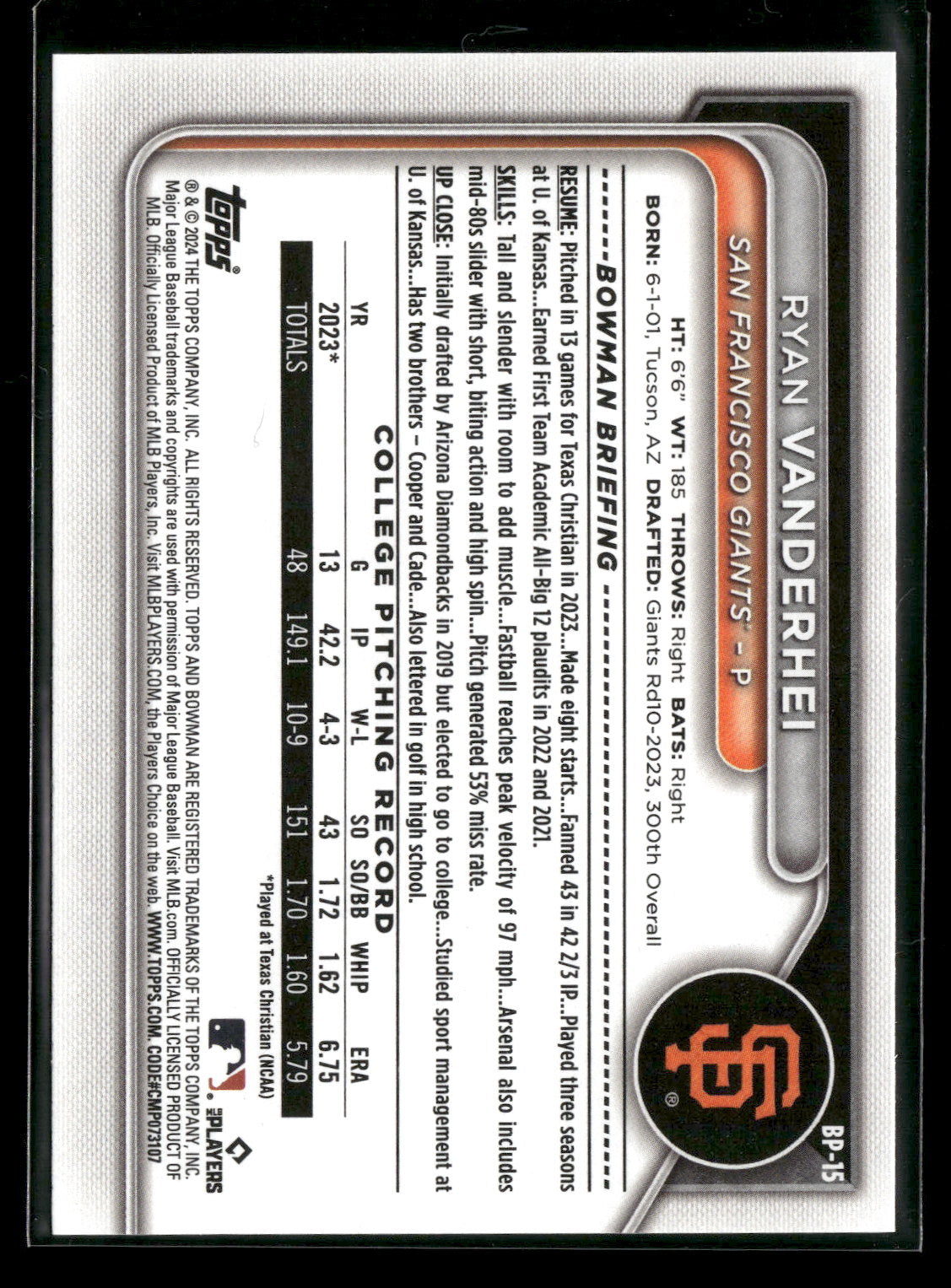 2024 Bowman Ryan Vanderhei #BP-15 1st Bowman