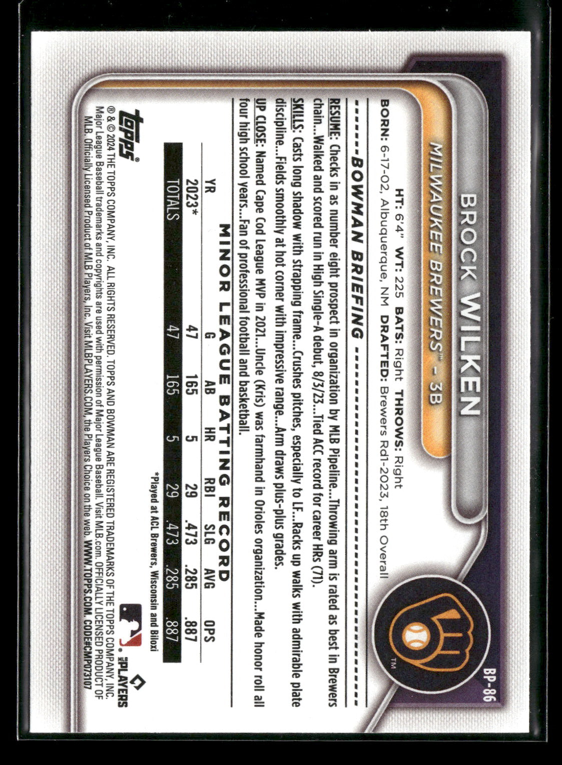 2024 Bowman Brock Wilken #BP-86 1st Bowman