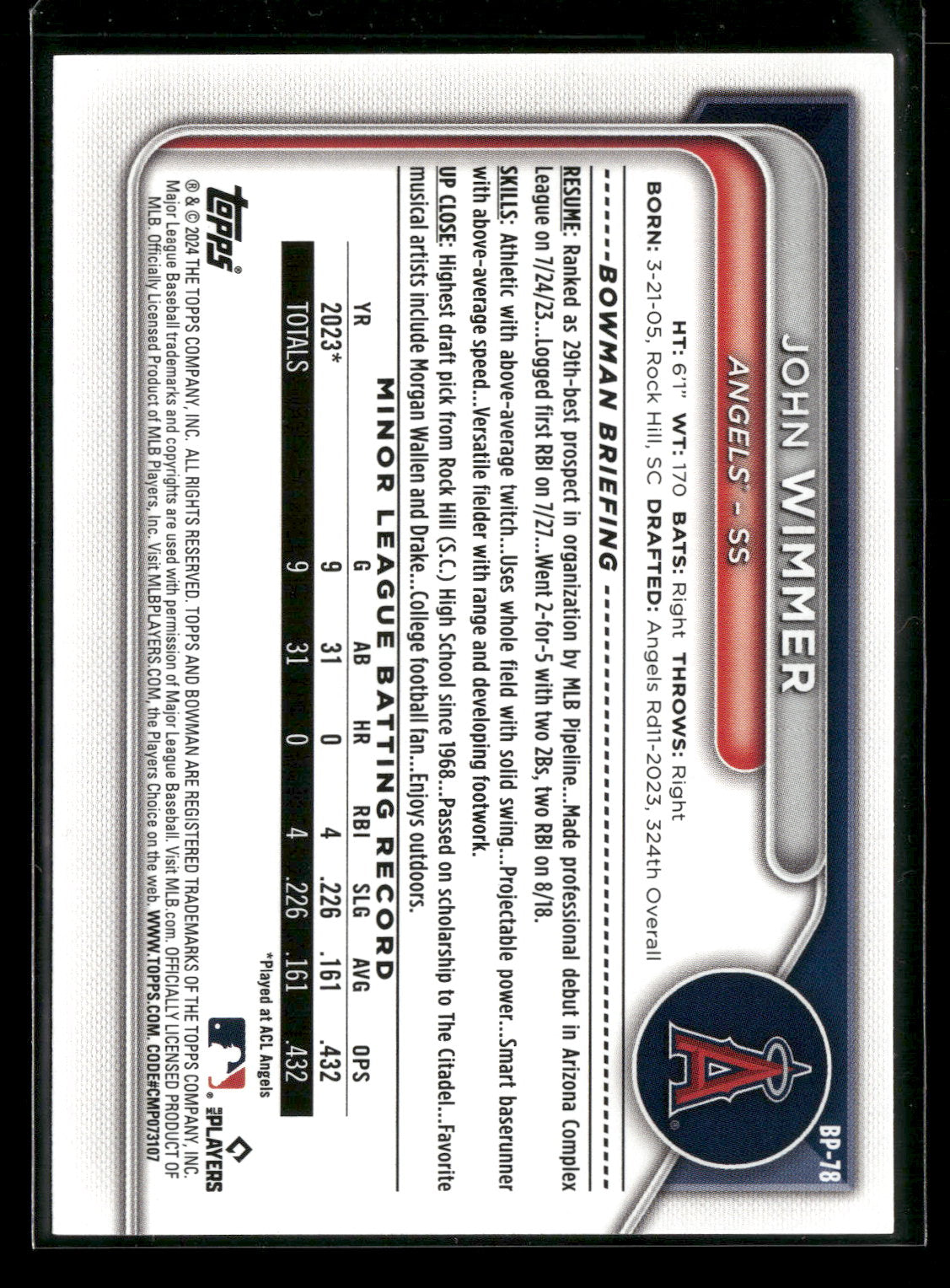 2024 Bowman John Wimmer #BP-78 1st Bowman