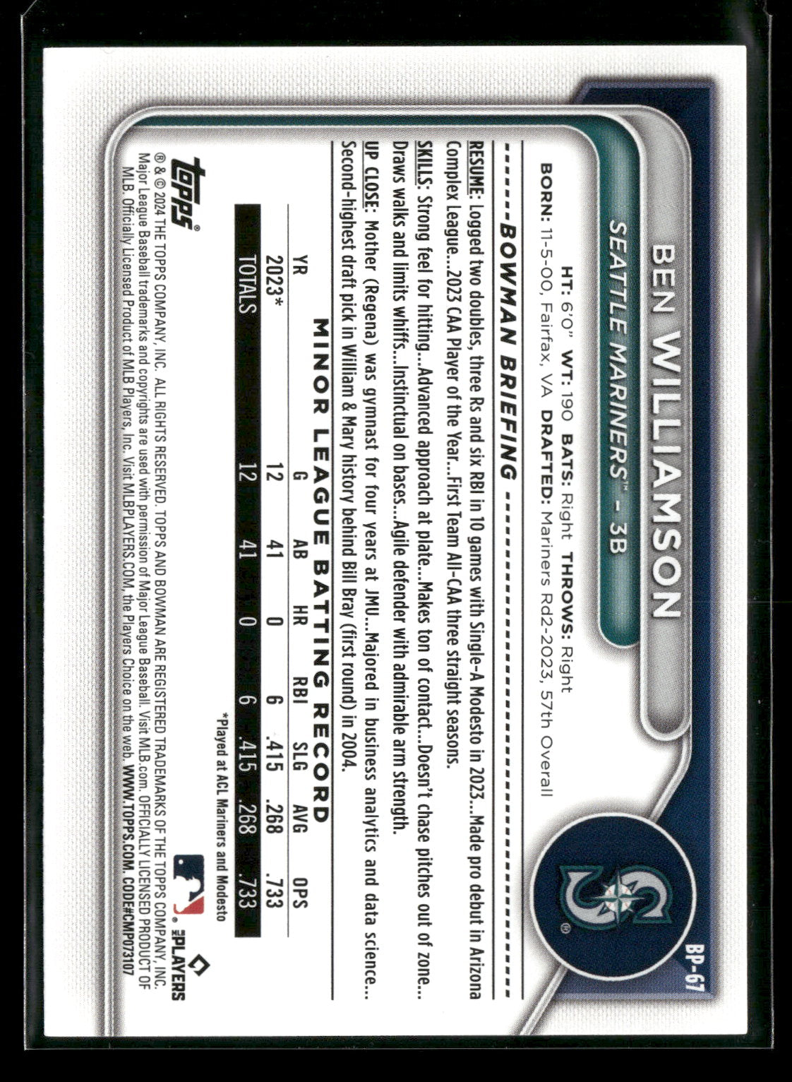 2024 Bowman Ben Williamson #BP-67 1st Bowman