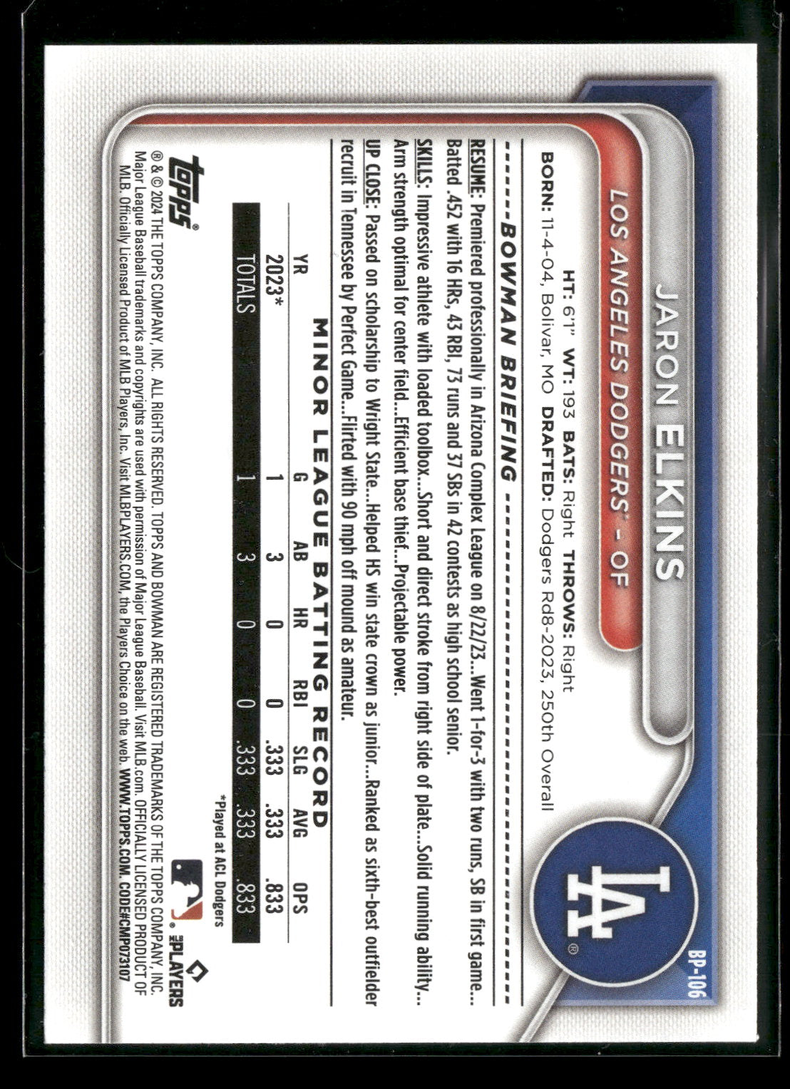 2024 Bowman Jaron Elkins #BP-106 1st Bowman