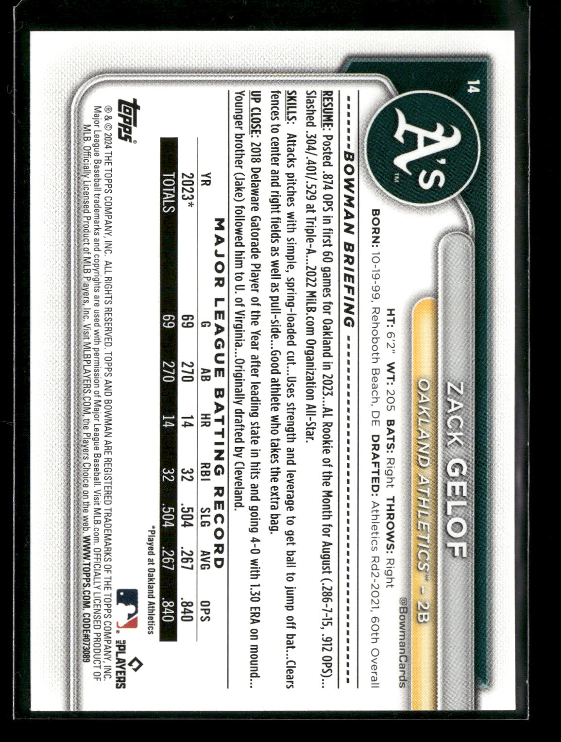 2024 Bowman Zack Gelof #14 RC