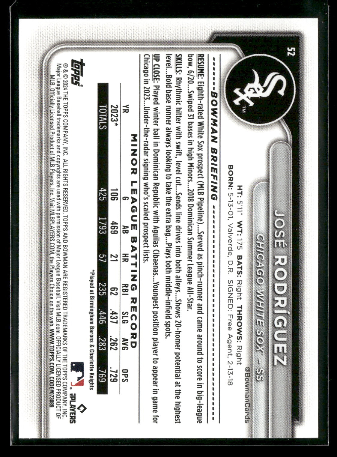 2024 Bowman José Rodríguez #52 RC