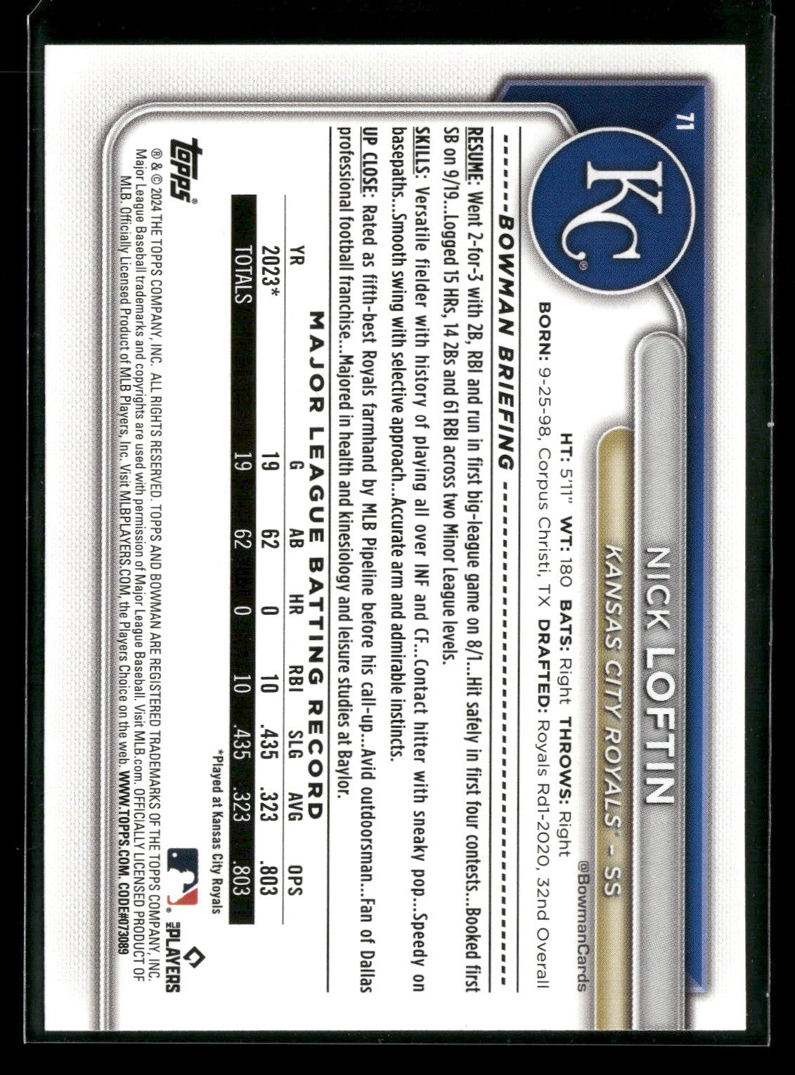 2024 Bowman Nick Loftin #71 RC