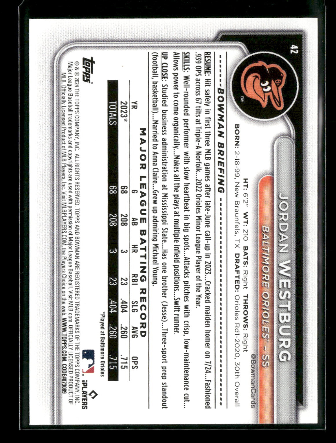2024 Bowman Jordan Westburg #42 RC