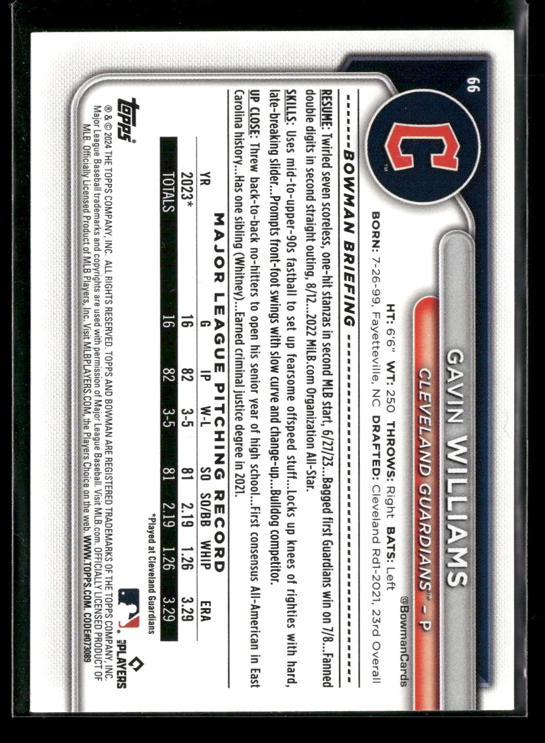 2024 Bowman Gavin Williams #66 RC