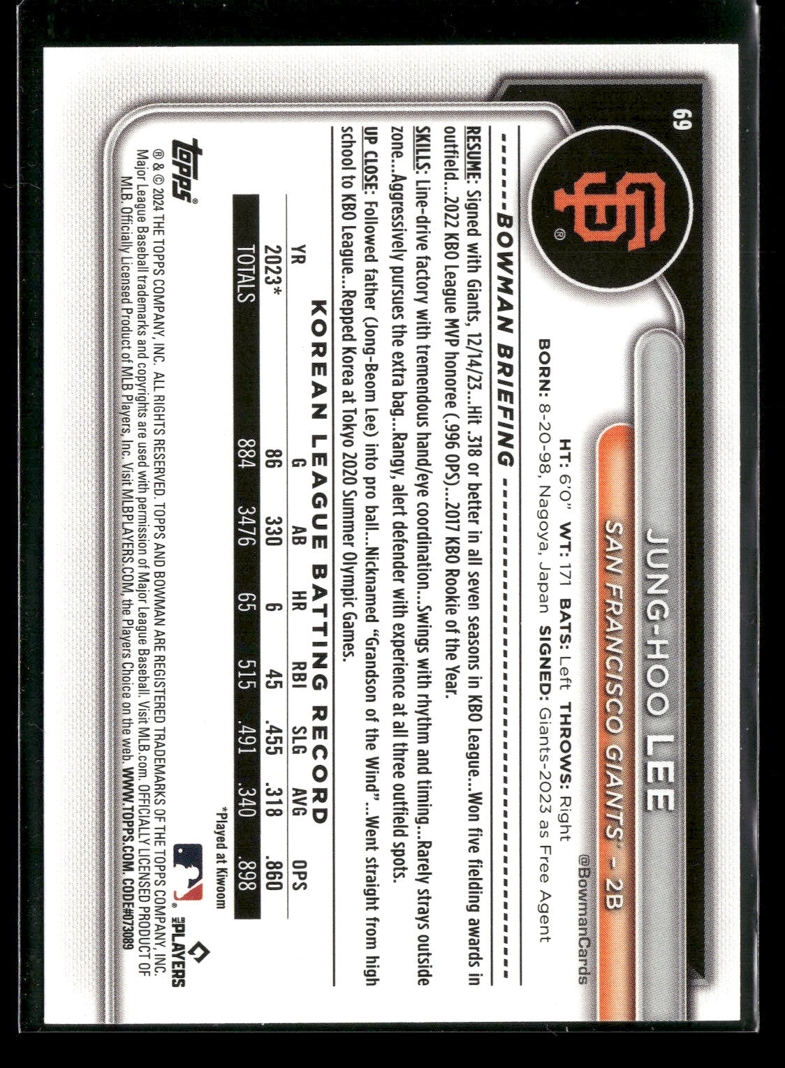 2024 Bowman Jung-Hoo Lee #69 RC