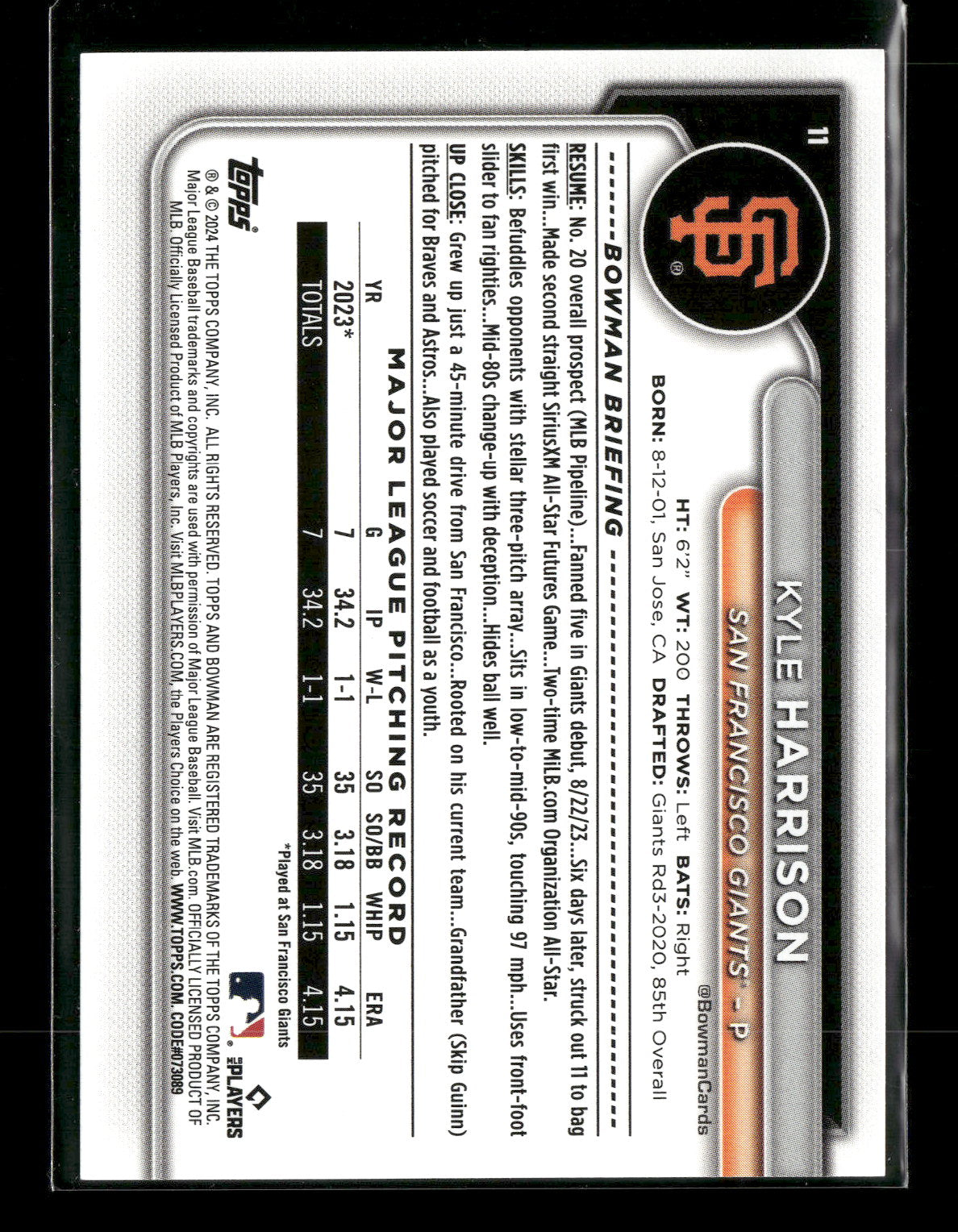 2024 Bowman Kyle Harrison #11 RC