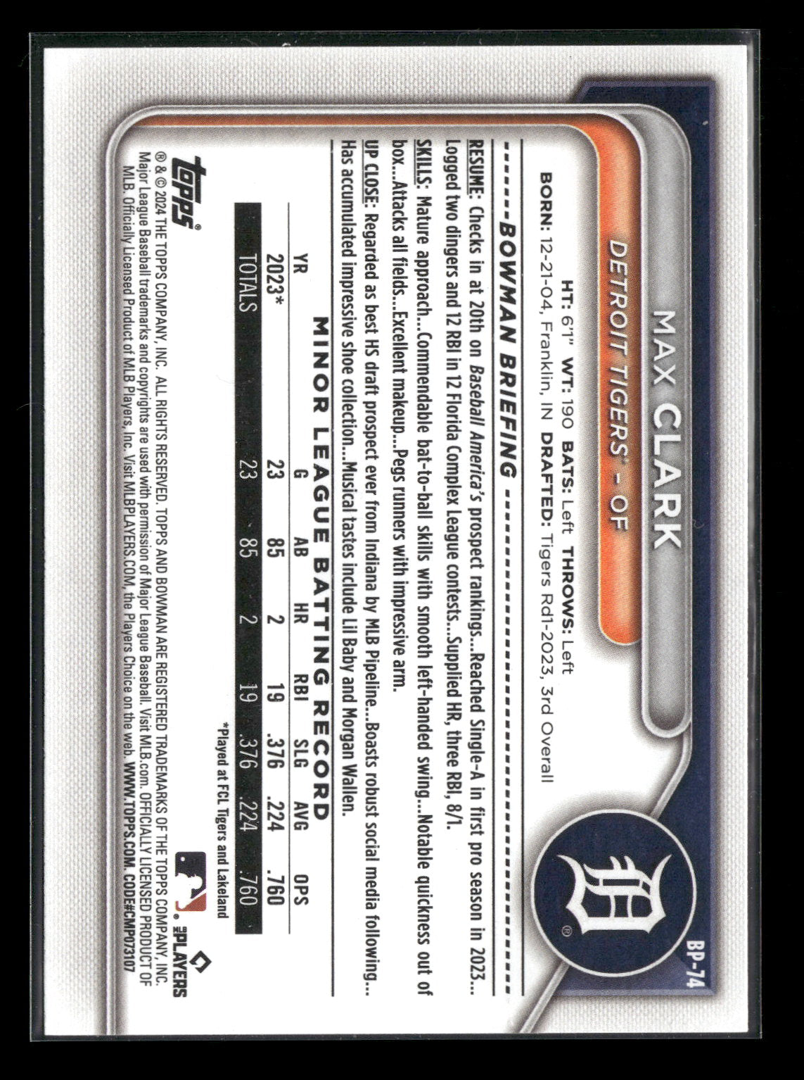 2024 Bowman Max Clark #BP-74