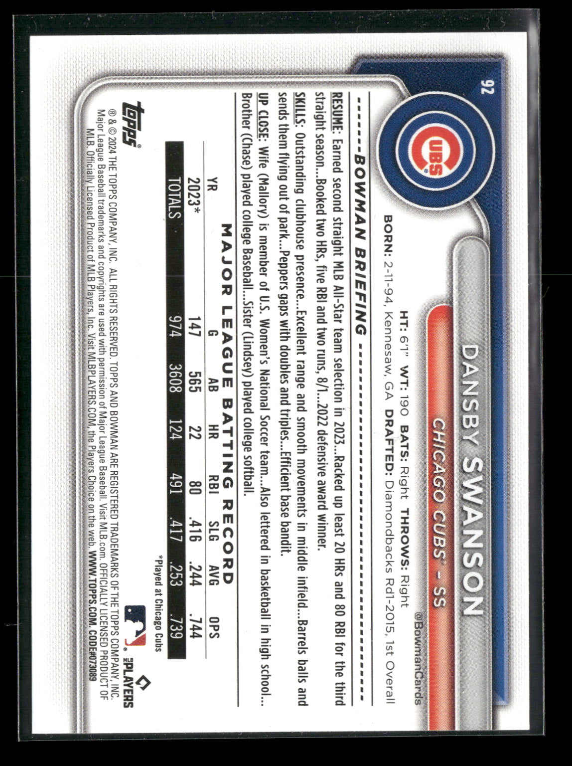 2024 Bowman Dansby Swanson #92