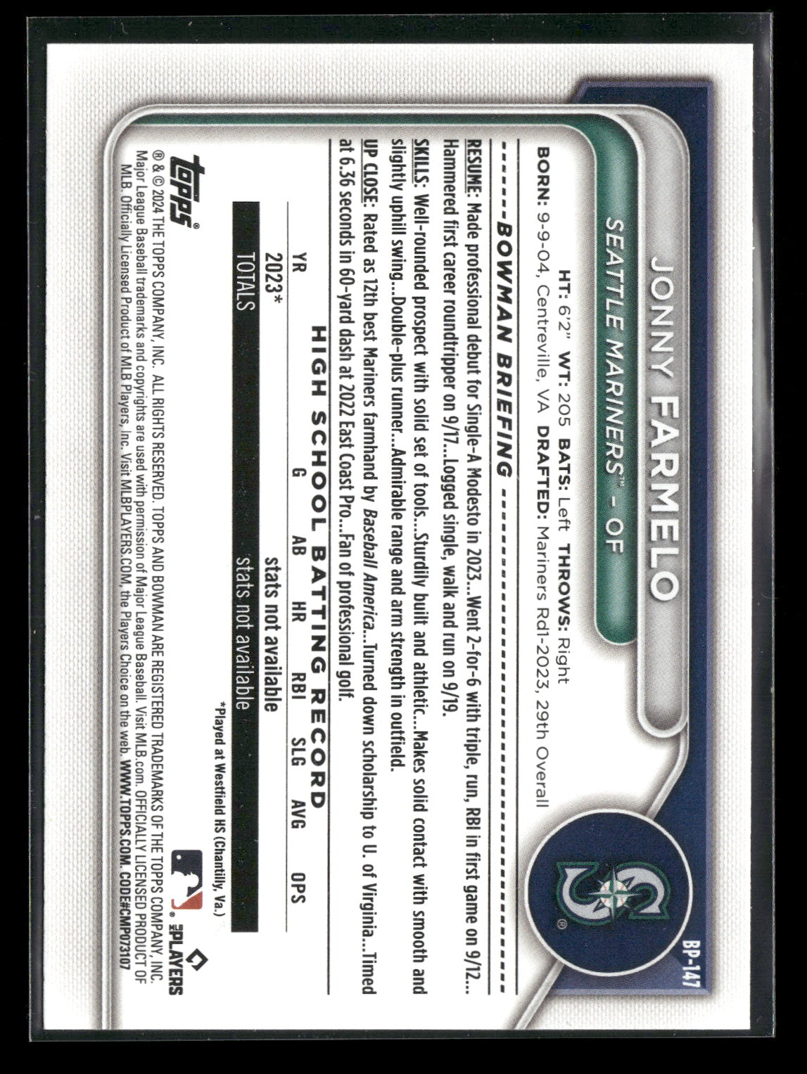 2024 Bowman Jonny Farmelo #BP-147