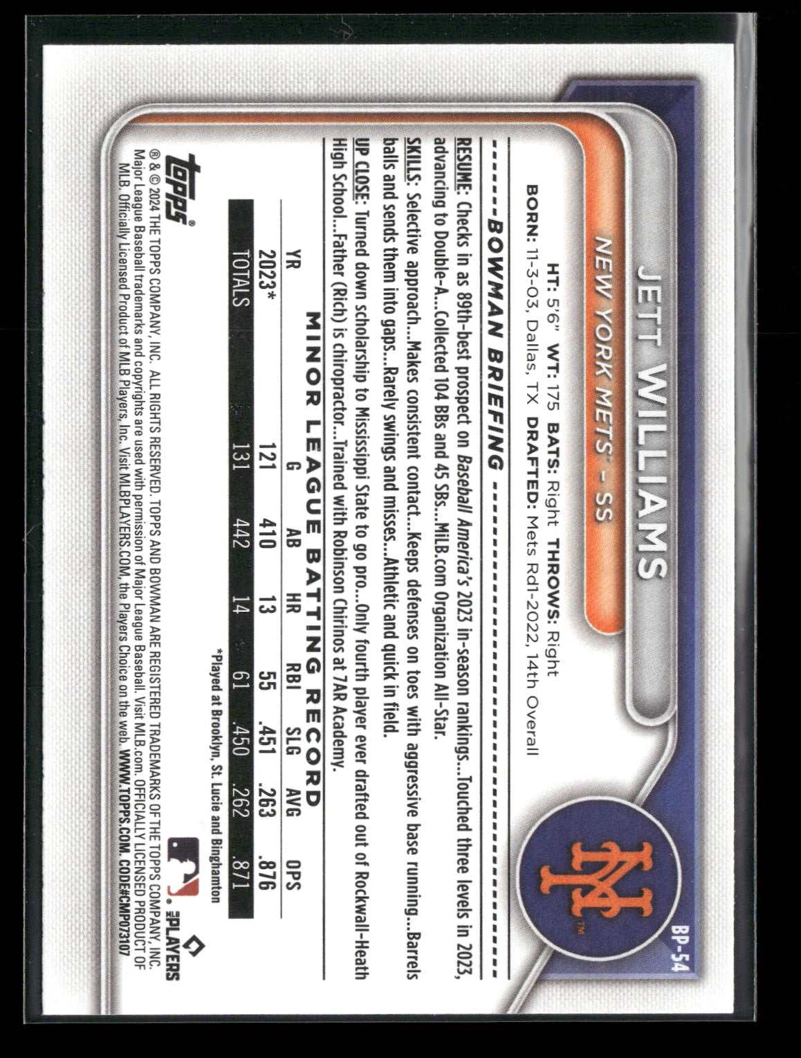2024 Bowman Jett Williams #BP-54
