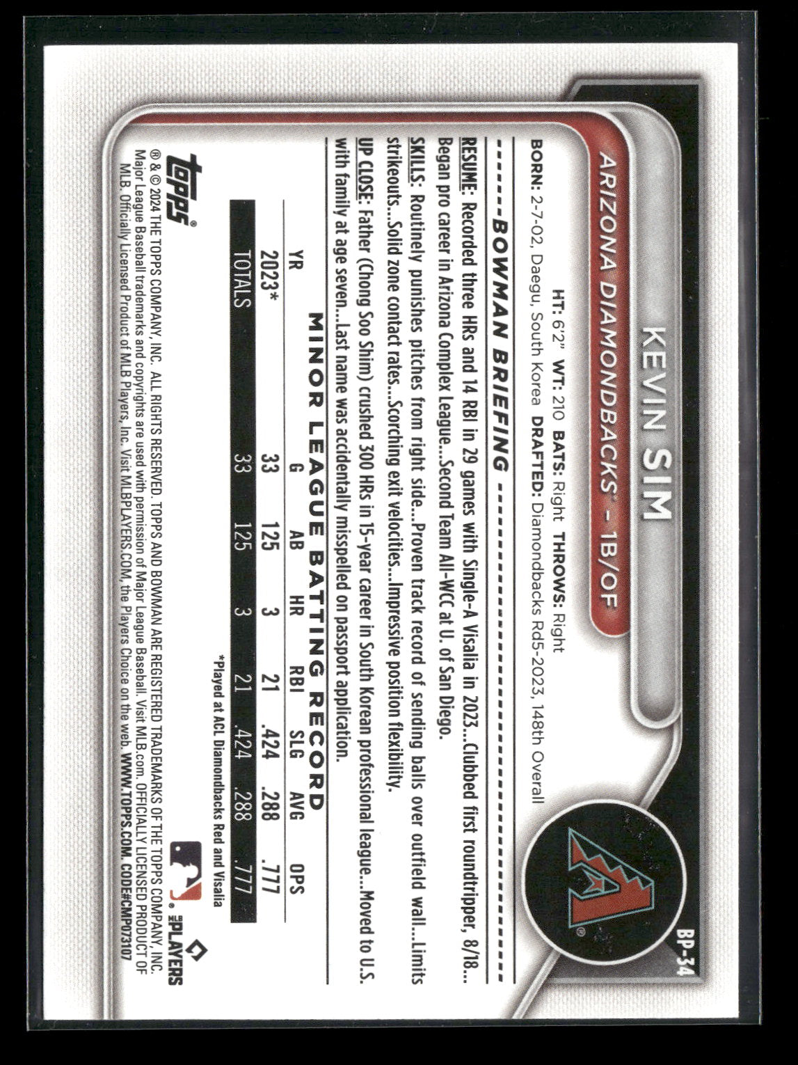 2024 Bowman Kevin Sim #BP-34
