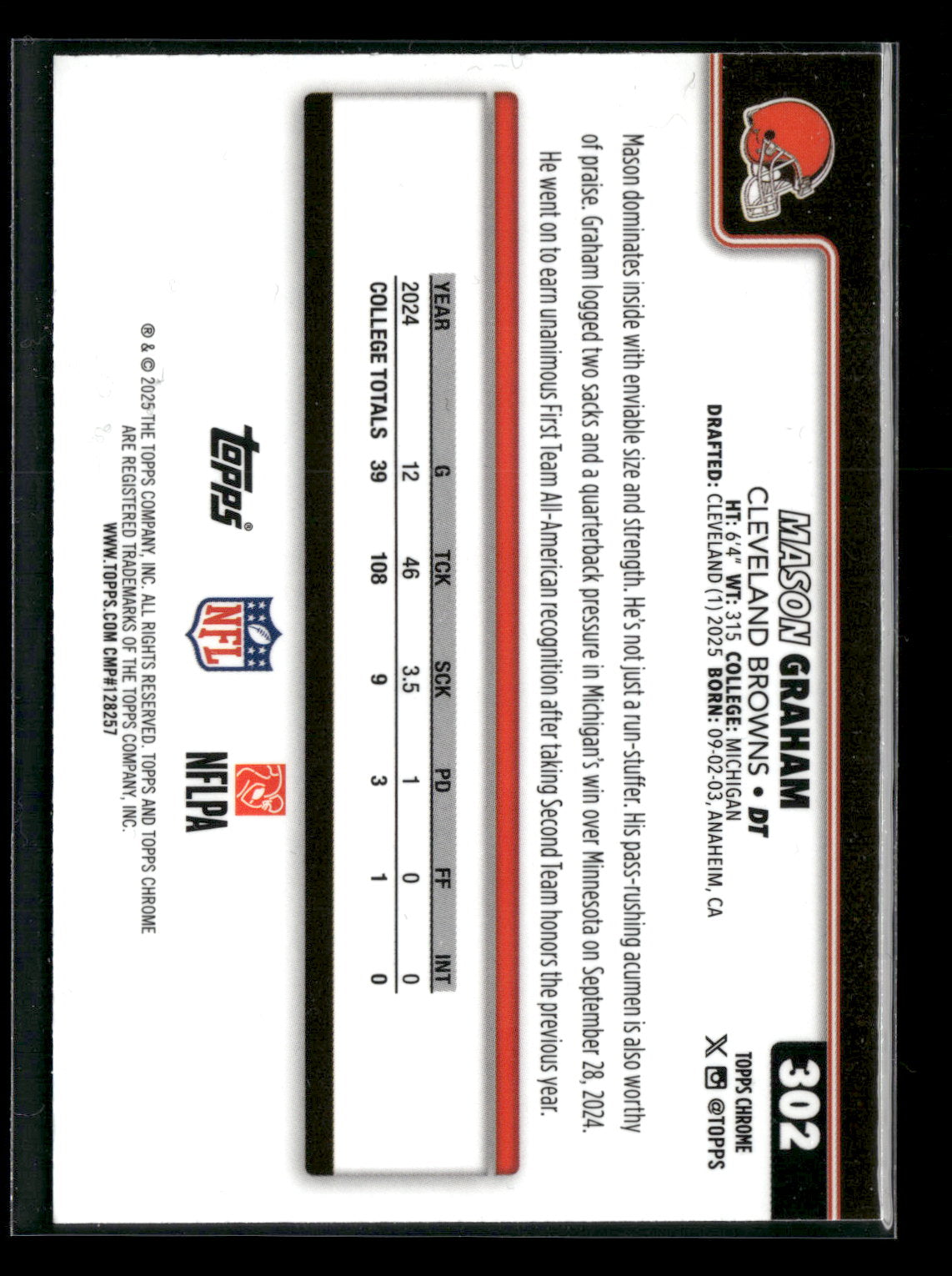 2025 Topps Chrome Football Mason Graham #302 RC