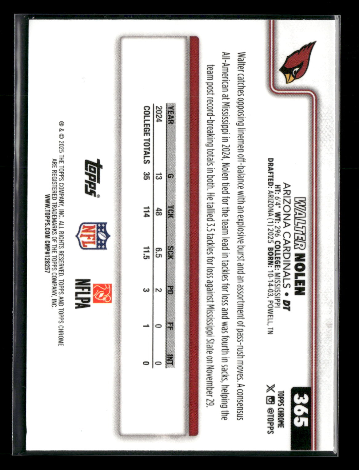 2025 Topps Chrome Football Walter Nolen #365 RC