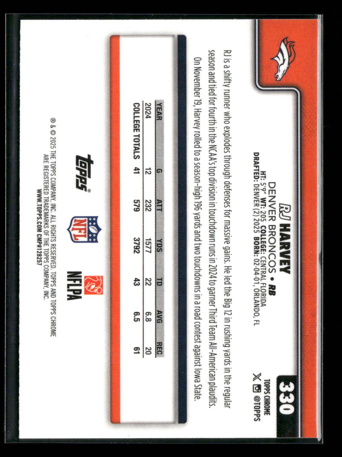 2025 Topps Chrome Football RJ Harvey #330 RC