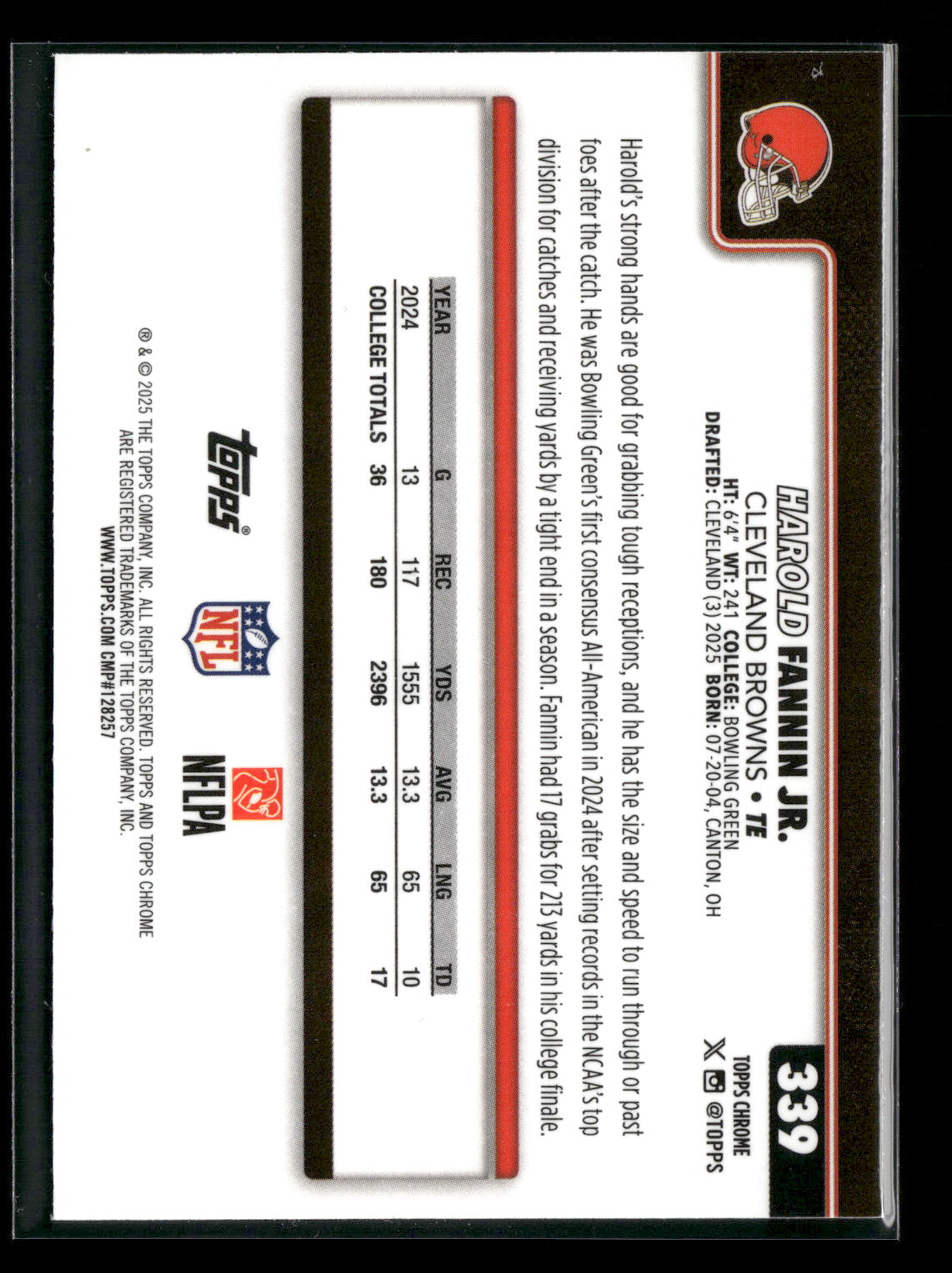 2025 Topps Chrome Football Harold Fannin Jr. #339 RC