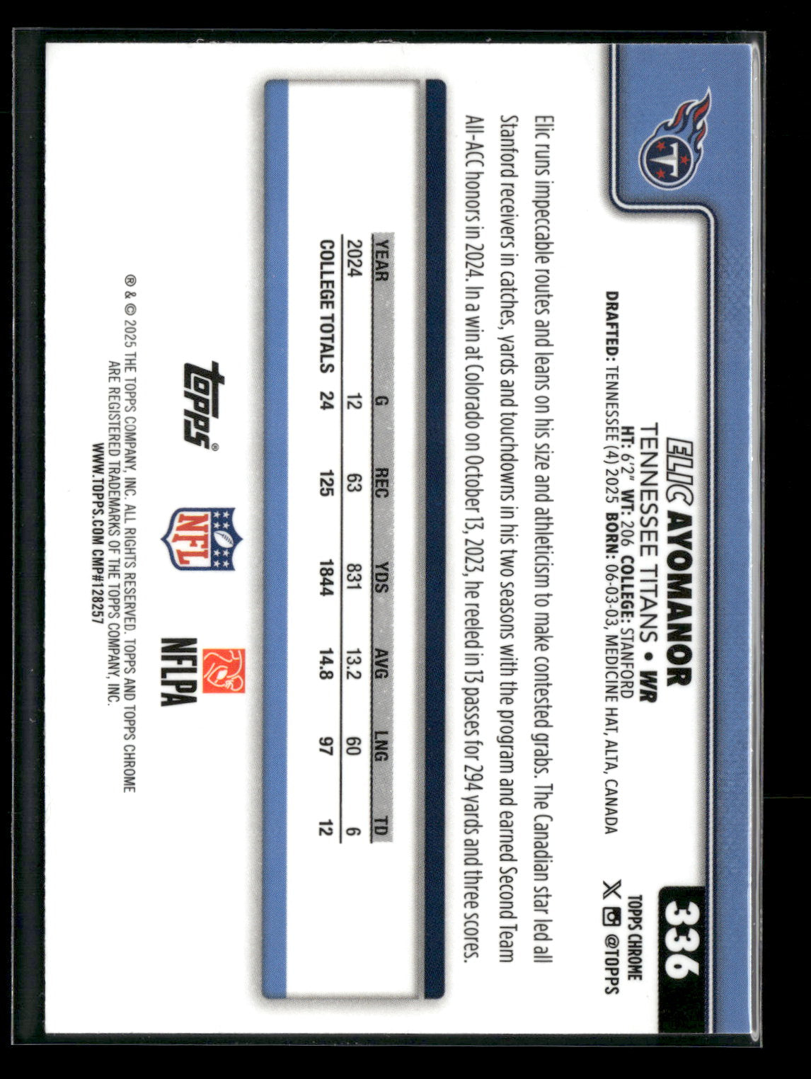 2025 Topps Chrome Football Elic Ayomanor #336 RC