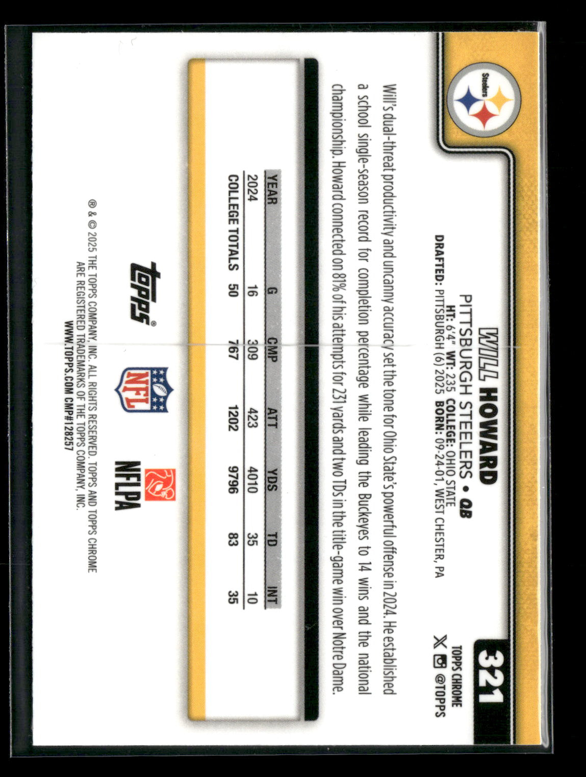 2025 Topps Chrome Football Will Howard #321 RC