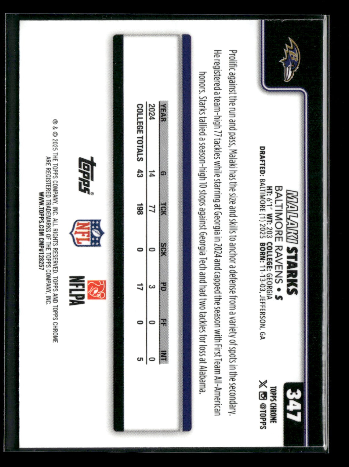 2025 Topps Chrome Football Malaki Starks #347 RC