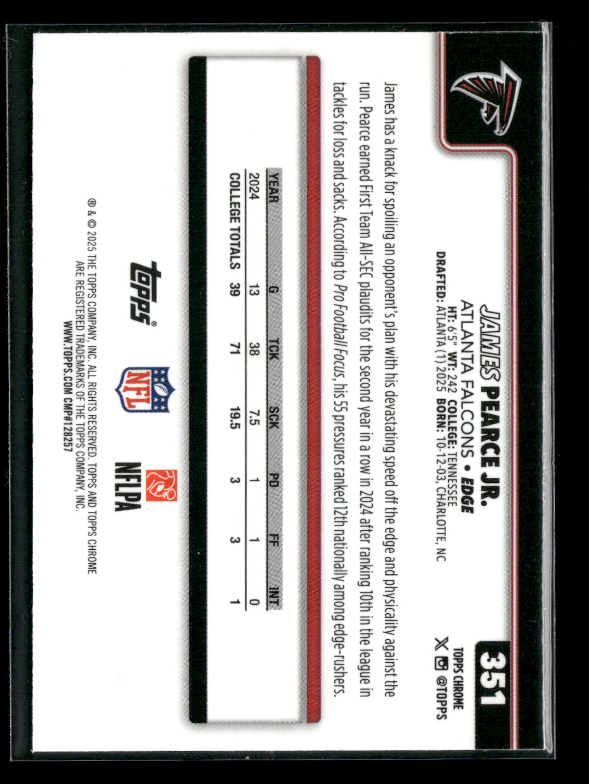 2025 Topps Chrome Football James Pearce Jr. #351 RC