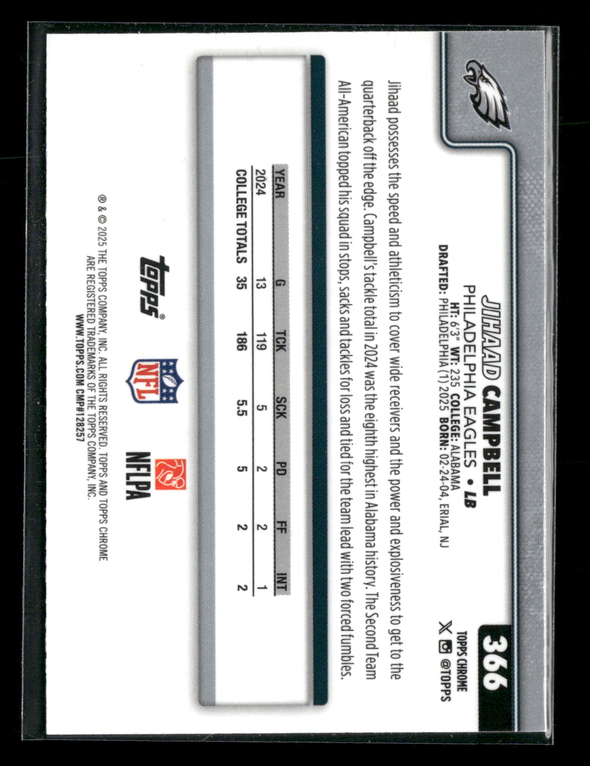 2025 Topps Chrome Football Jihaad Campbell #366 RC