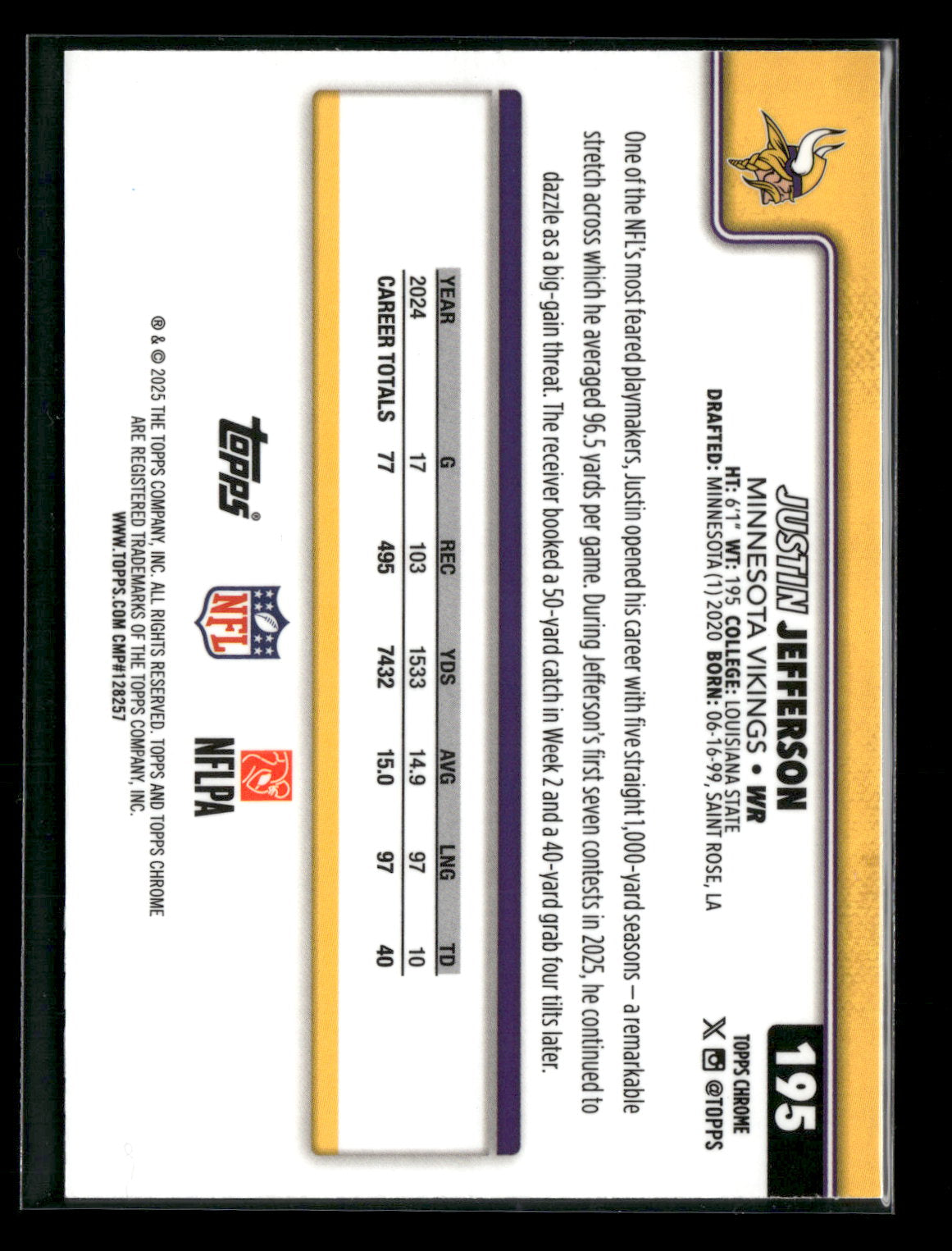 2025 Topps Chrome Football Justin Jefferson #195
