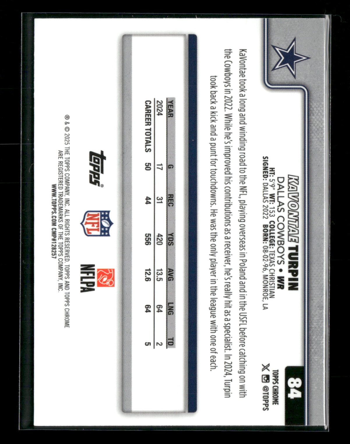2025 Topps Chrome Football KaVontae Turpin #84