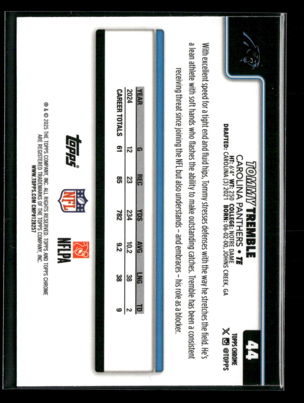 2025 Topps Chrome Football Tommy Tremble #44