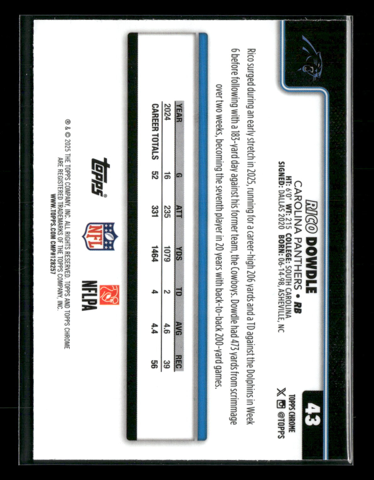 2025 Topps Chrome Football Rico Dowdle #43