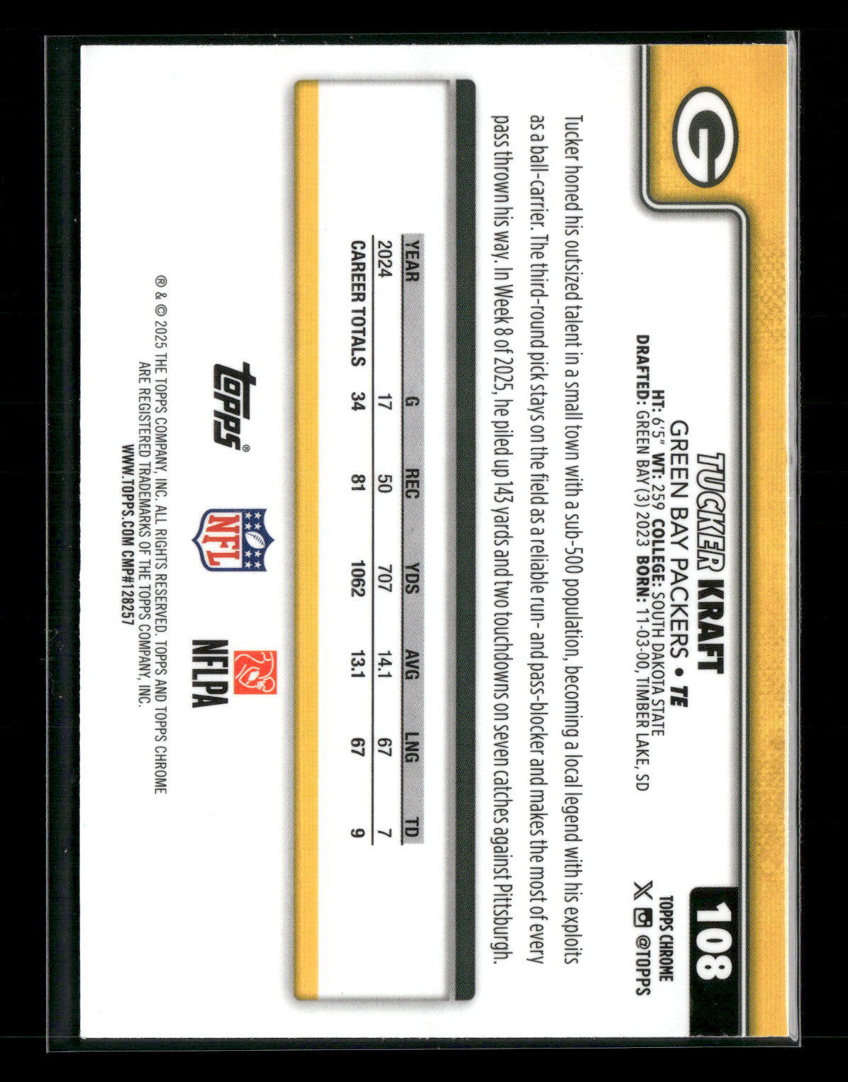 2025 Topps Chrome Football Tucker Kraft #108