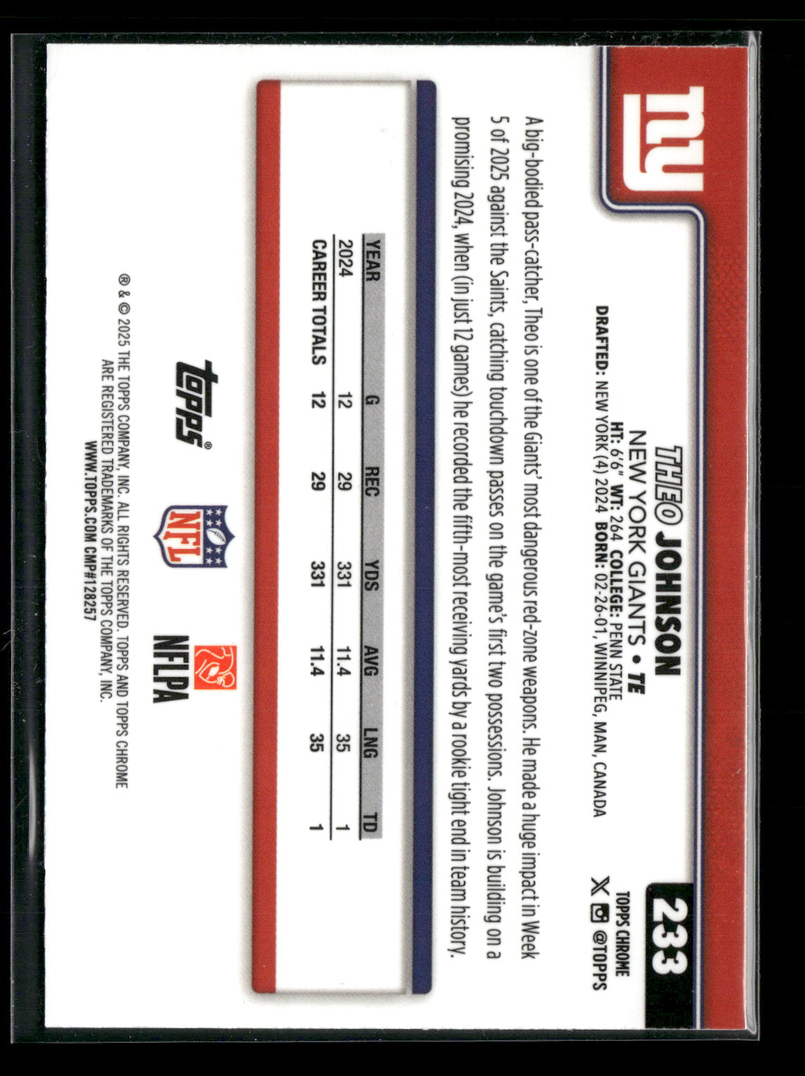 2025 Topps Chrome Football Theo Johnson #233