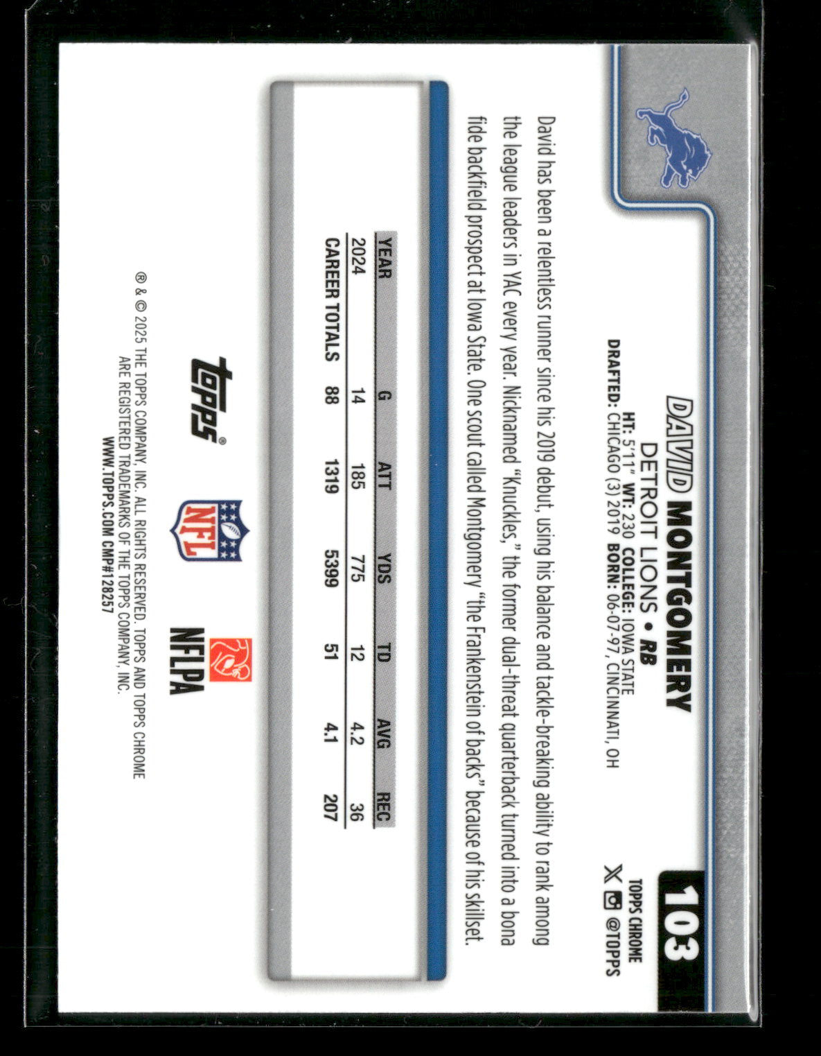 2025 Topps Chrome Football David Montgomery #103 Pulsar Parallel
