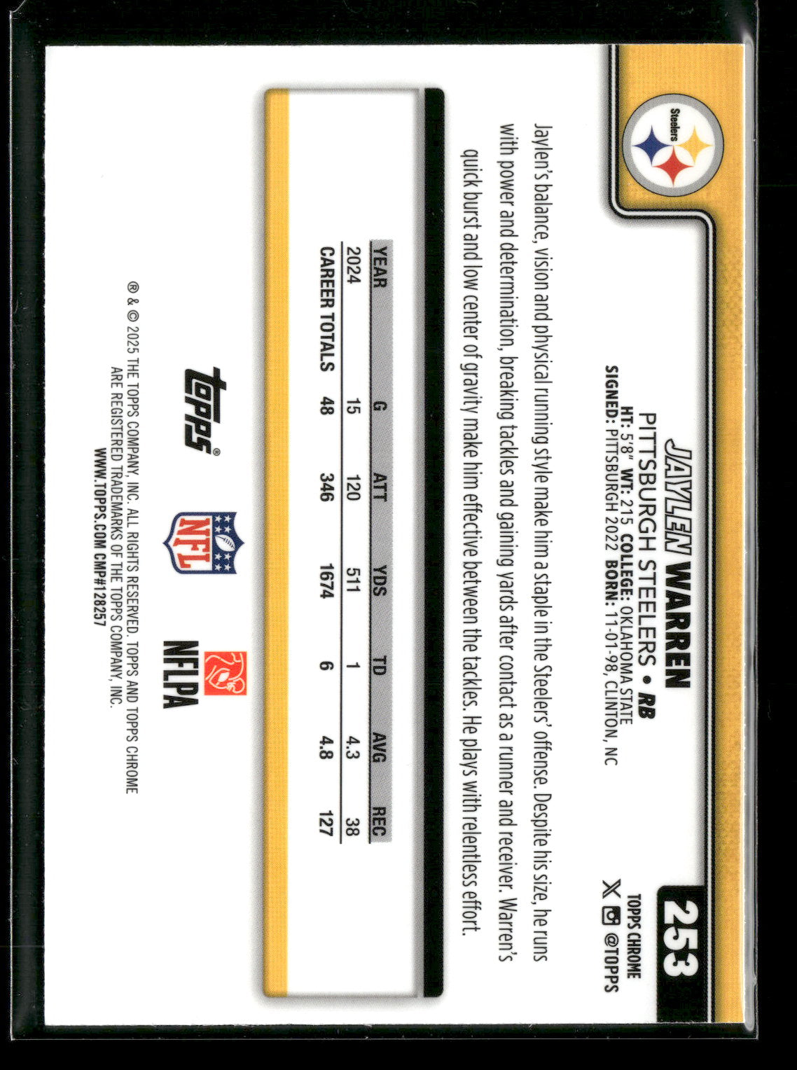 2025 Topps Chrome Football Jaylen Warren #253 Pulsar Parallel