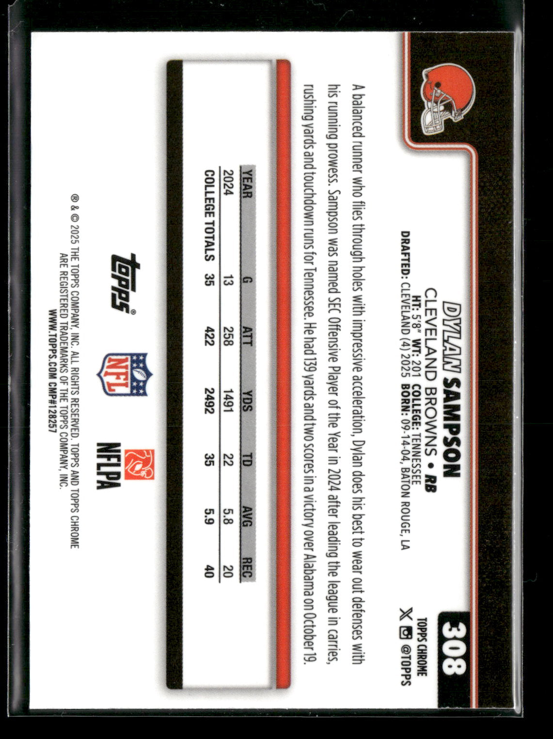 2025 Topps Chrome Football Dylan Sampson #308 Pulsar Parallel RC