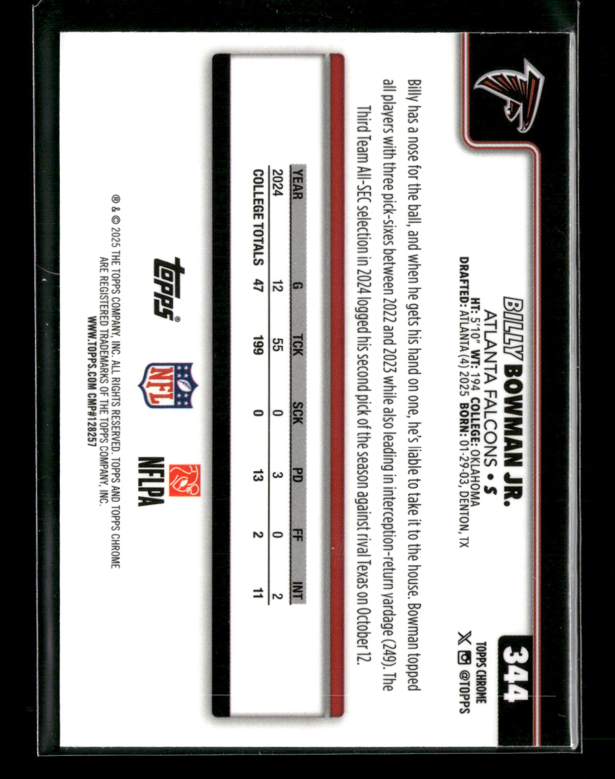 2025 Topps Chrome Football Billy Bowman Jr. #344 Pulsar Parallel RC