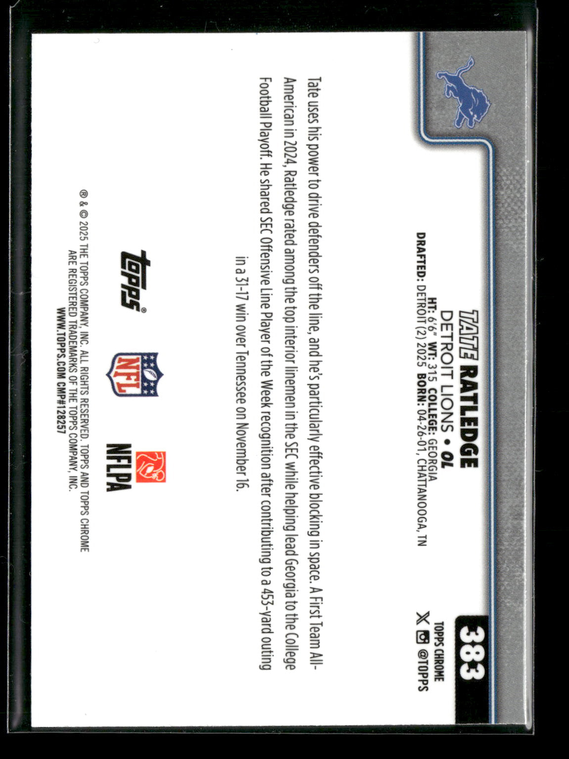 2025 Topps Chrome Football Tate Ratledge #383 Pulsar Parallel RC