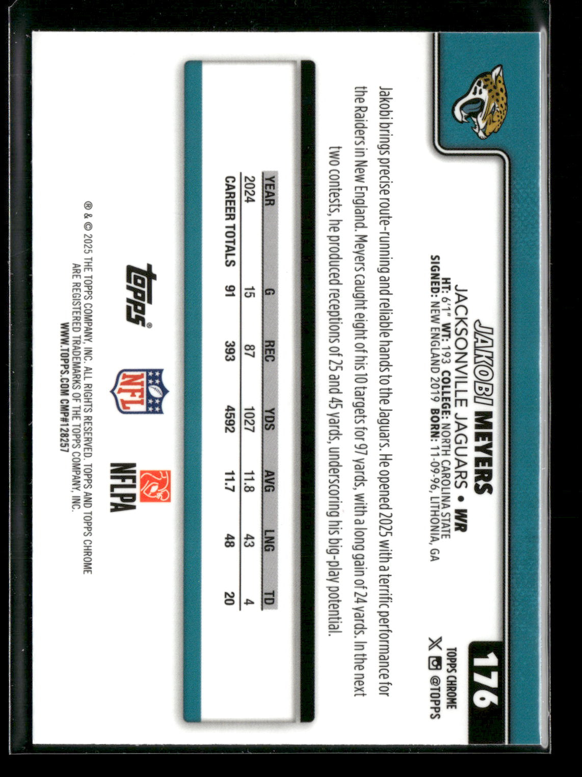 2025 Topps Chrome Football Jakobi Meyers #176 Pulsar Parallel
