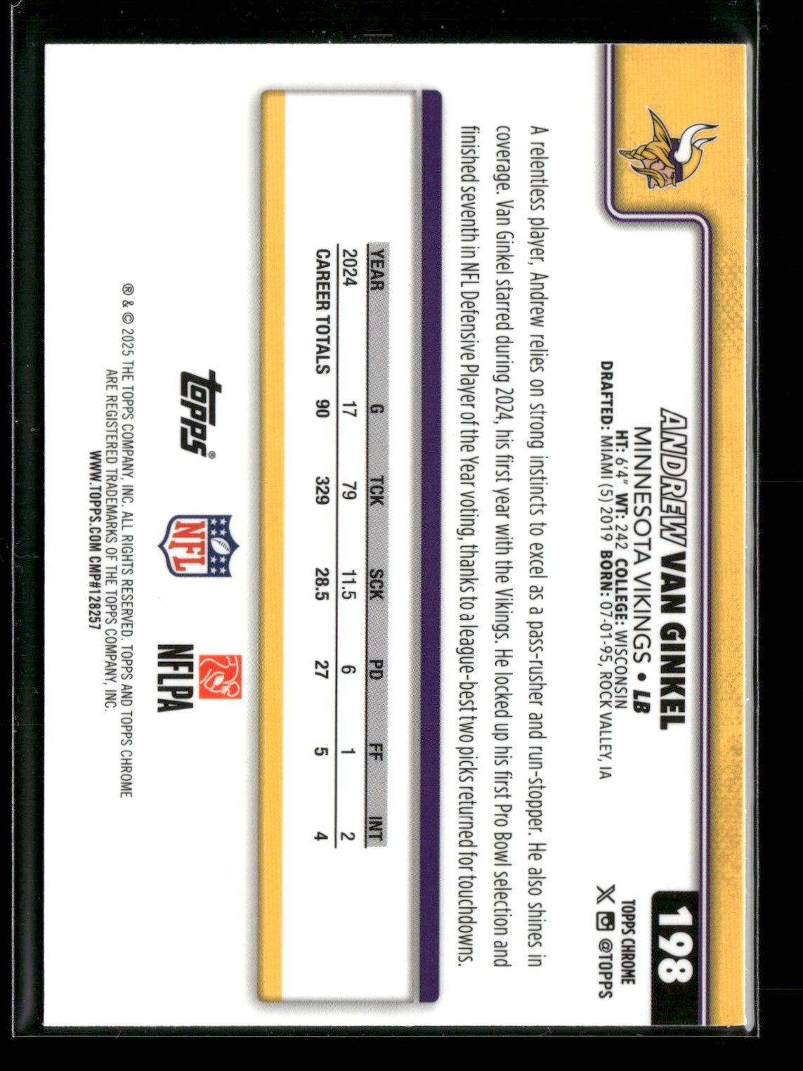 2025 Topps Chrome Football Andrew Van Ginkel #198 Pulsar Parallel